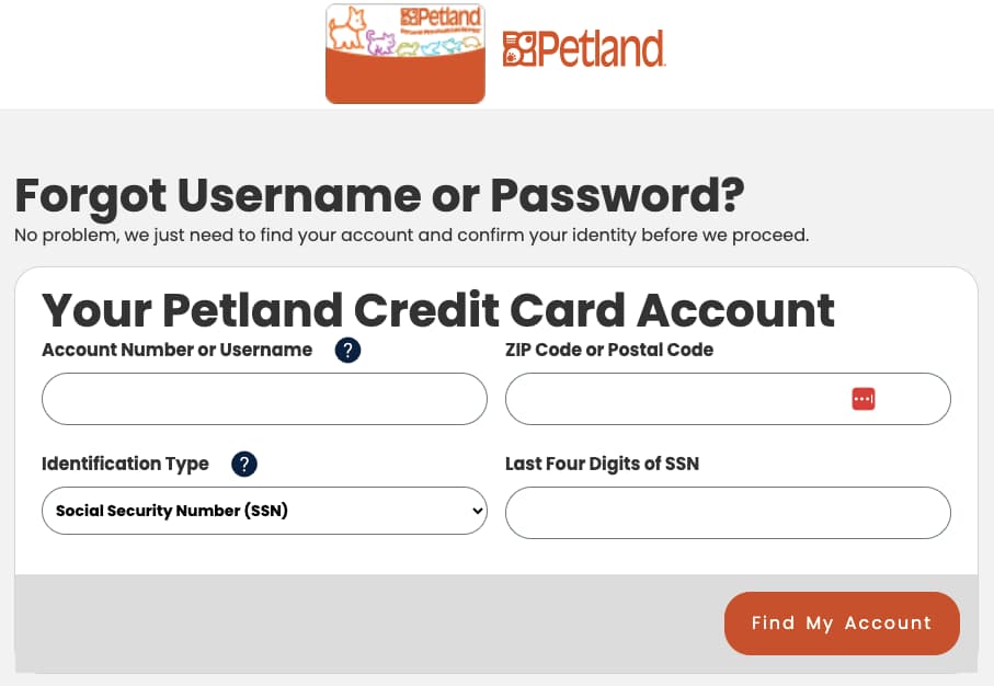 Recover Forgetten Password of Petland Credit Card Account